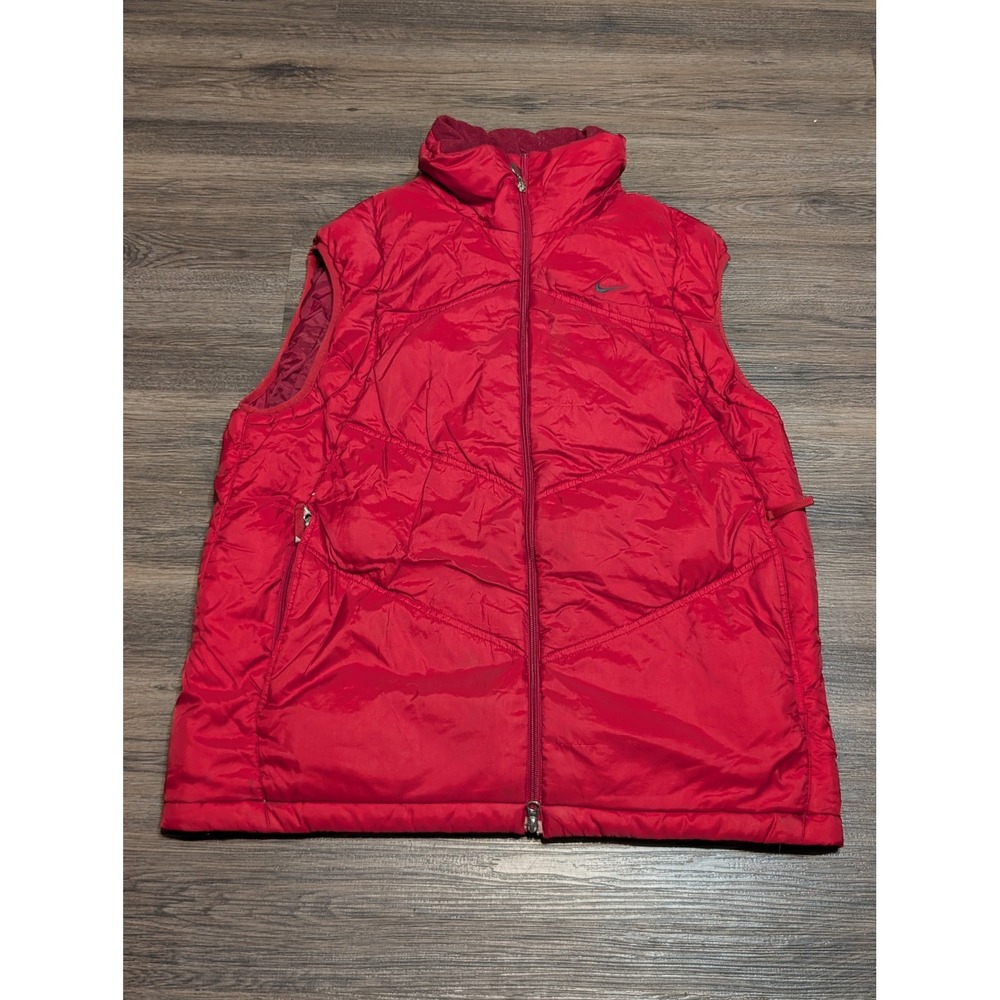 Nike Mens Red Quilted Puffer Vest Full Zip Mock Neck Fleece Lined Large L